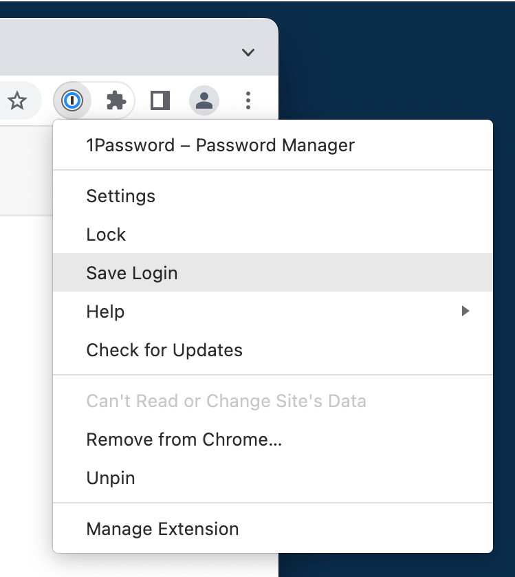 Right-click the 1Password icon in your browser's toolbar and choose Save Login