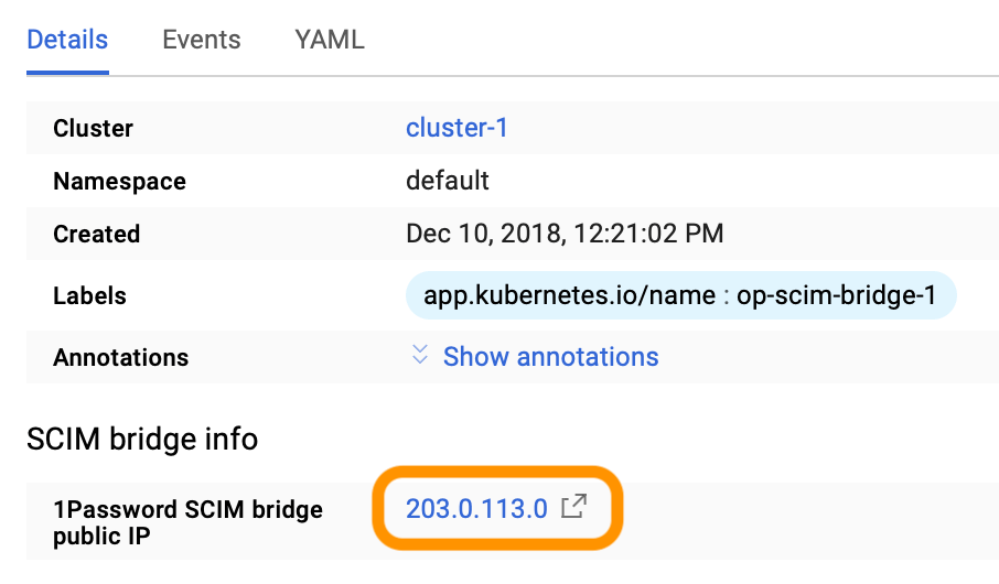 the application details page with the 1Password SCIM Bridge public IP highlighted
