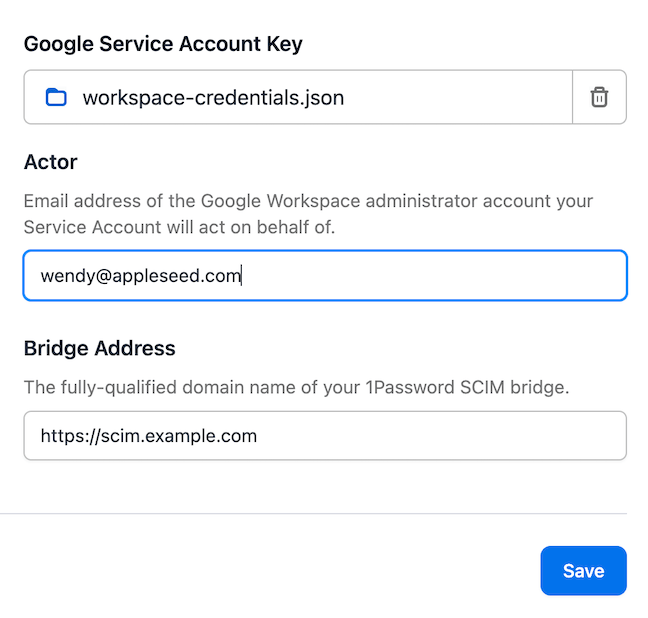 The Google Workspace configuration section in 1Password SCIM bridge