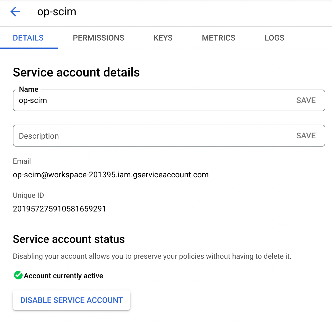 The service account page in the Admin SDK API with op-scim as the name