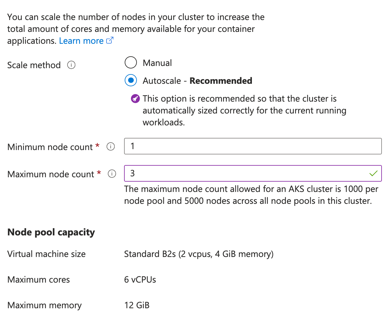 The scale node pool page for the cluster