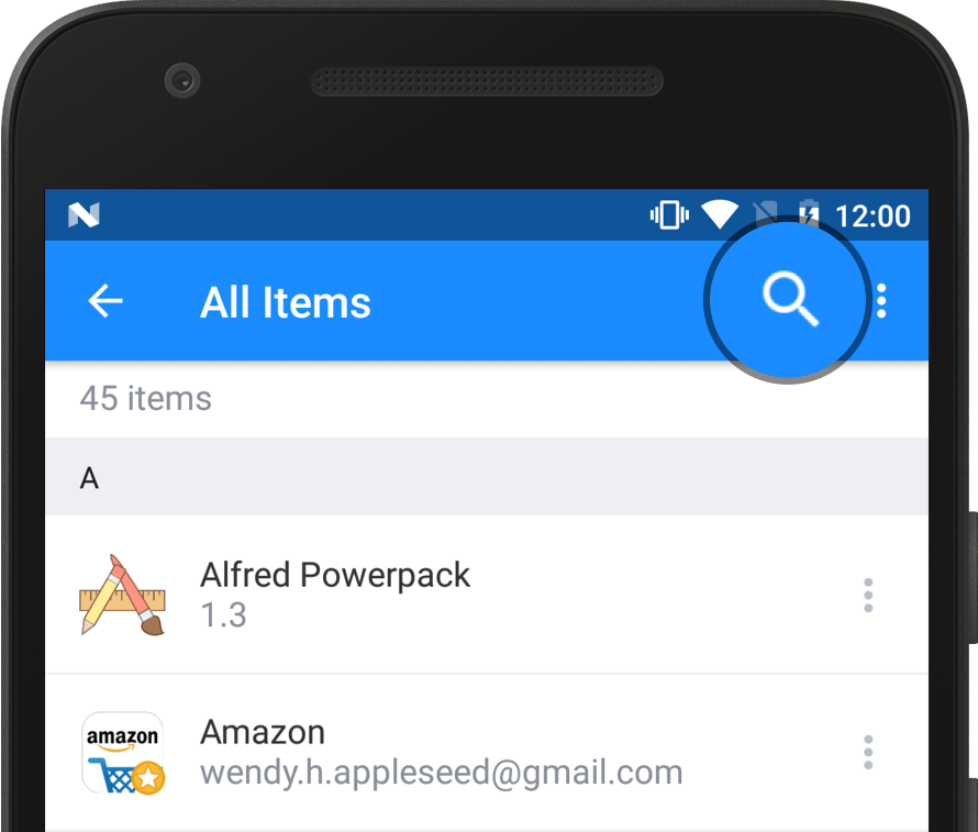 The magnifying glass icon at the top of the item list