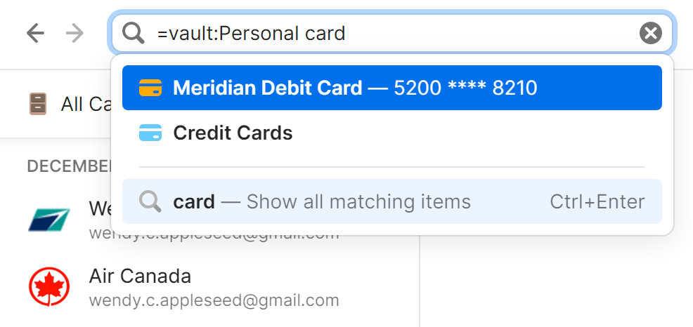 A search demonstrating filters with '=vault:Personal card' in the search field.