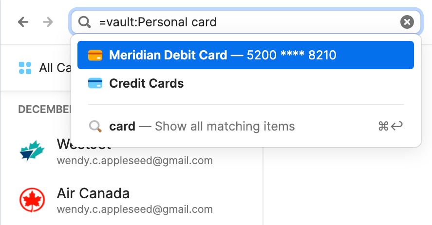A search demonstrating filters with '=vault:Personal card' in the search field.