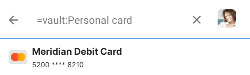 A search demonstrating filters with '=vault:Personal card' in the search field.