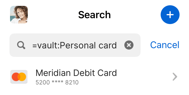 A search demonstrating filters with '=vault:Personal card' in the search field.