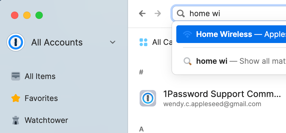 A search for items containing 'home wi' in the title, with Home Wireless as the top result.