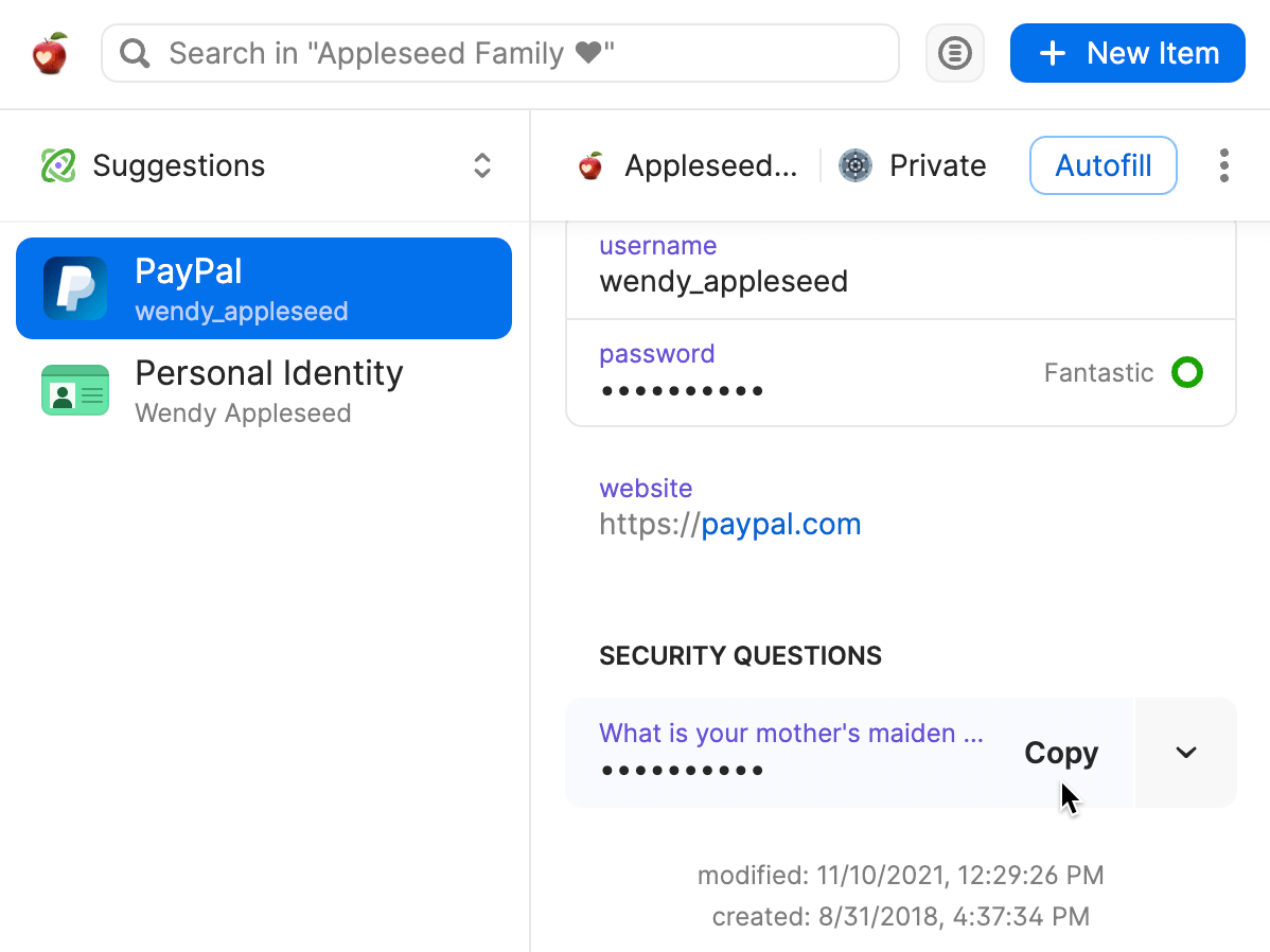 1Password in the browser open to an item with the cursor over the answer to a security question.