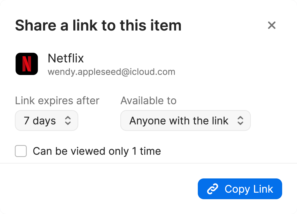 An image of the Share a link to this item screen with settings for when the link expires and sharing options.