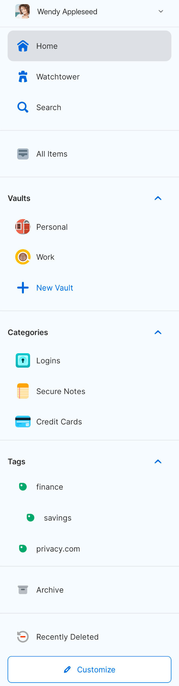 The sidebar in 1Password for Android with Home selected
