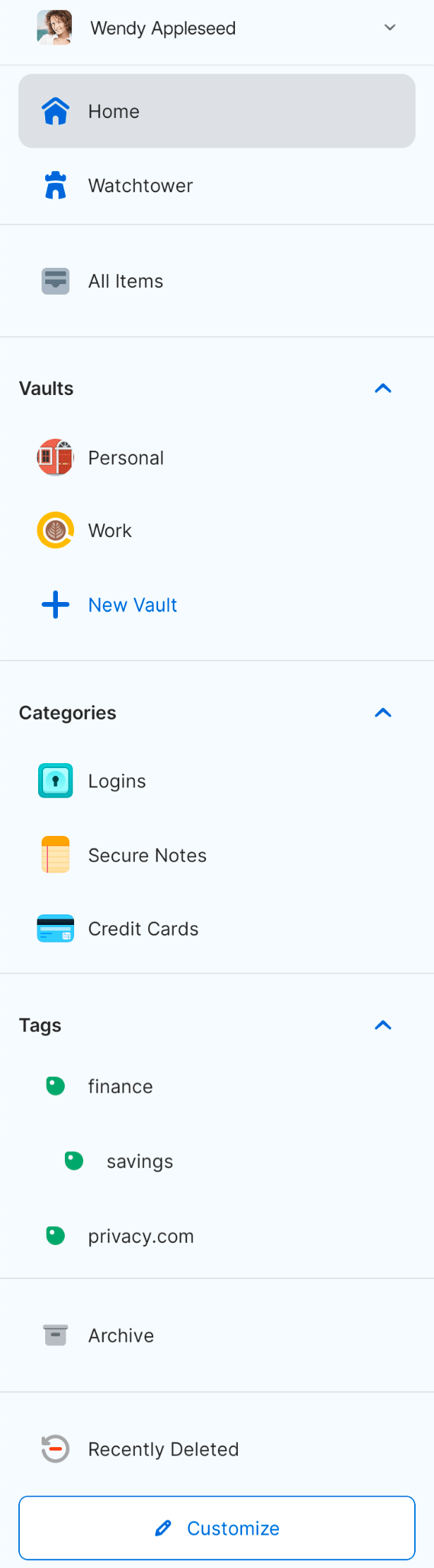 The sidebar in 1Password for Android with Home selected