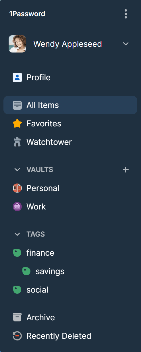 The sidebar in 1Password for Windows with All Items selected
