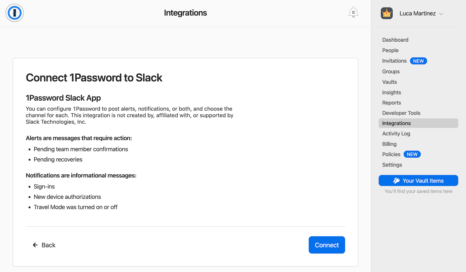 The Slack page under Integrations on 1Password.com