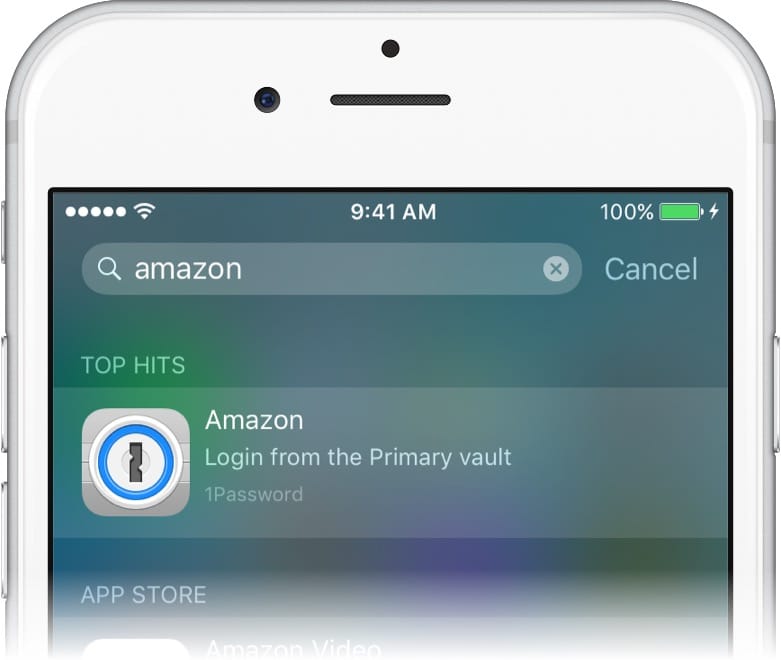 Search on an iPhone showing the Amazon login for 1Password