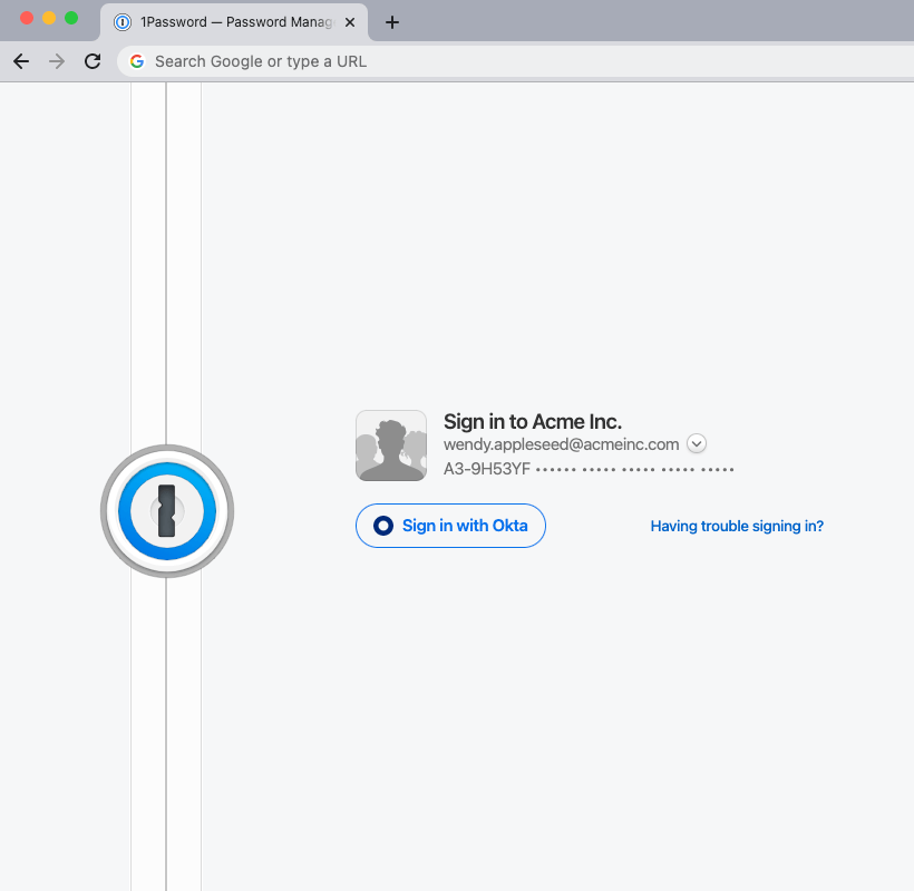 The 1Password.com sign in page for an account with Unlock with Identity Provider turned on.