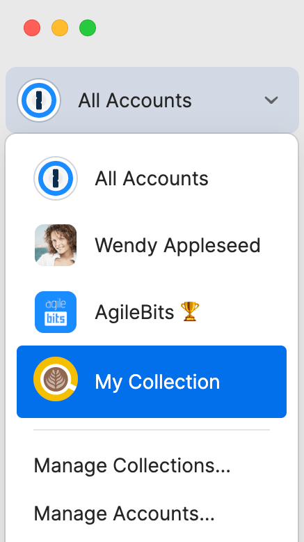 Accounts and collections in the sidebar in 1Password for Mac