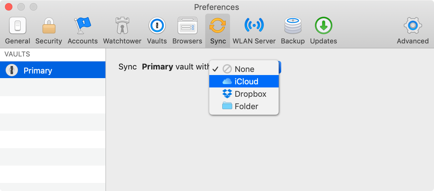 the Sync tab in Preferences with iCloud selected