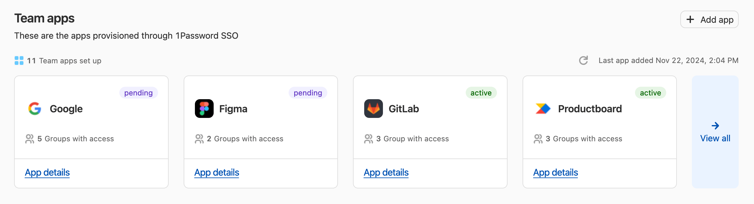 The Apps page showing Team apps configure with 1Password SSO.