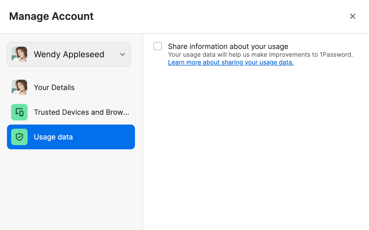 The Manage Accounts screen with the telemetry setting unselected.