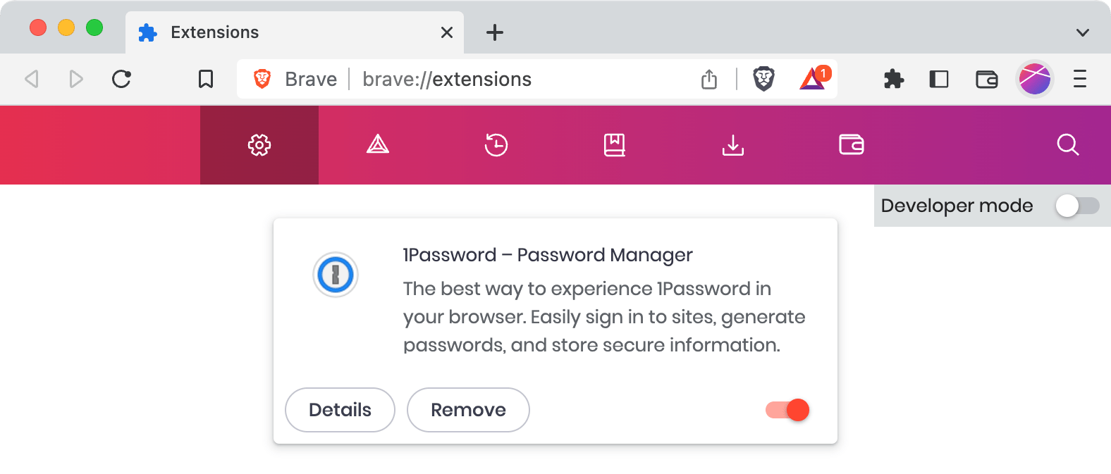 1Password in the Brave Extensions page