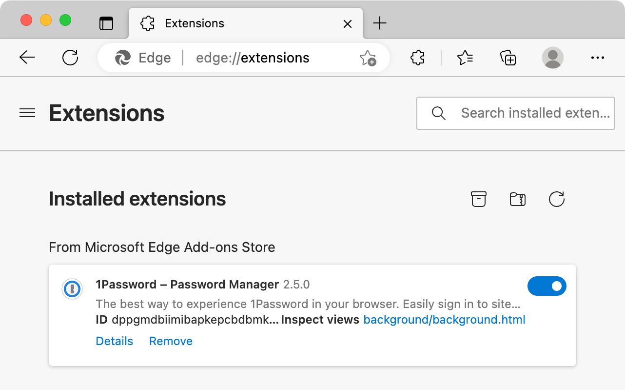 1Password on the Microsoft Edge Extensions page