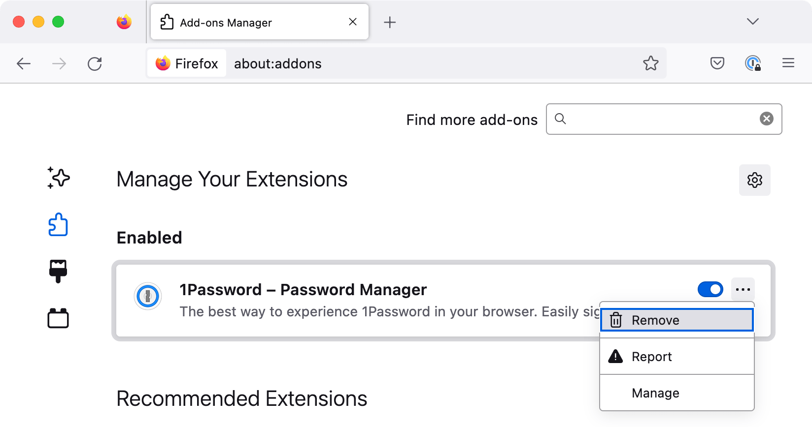 1Password in the Firefox Extensions page