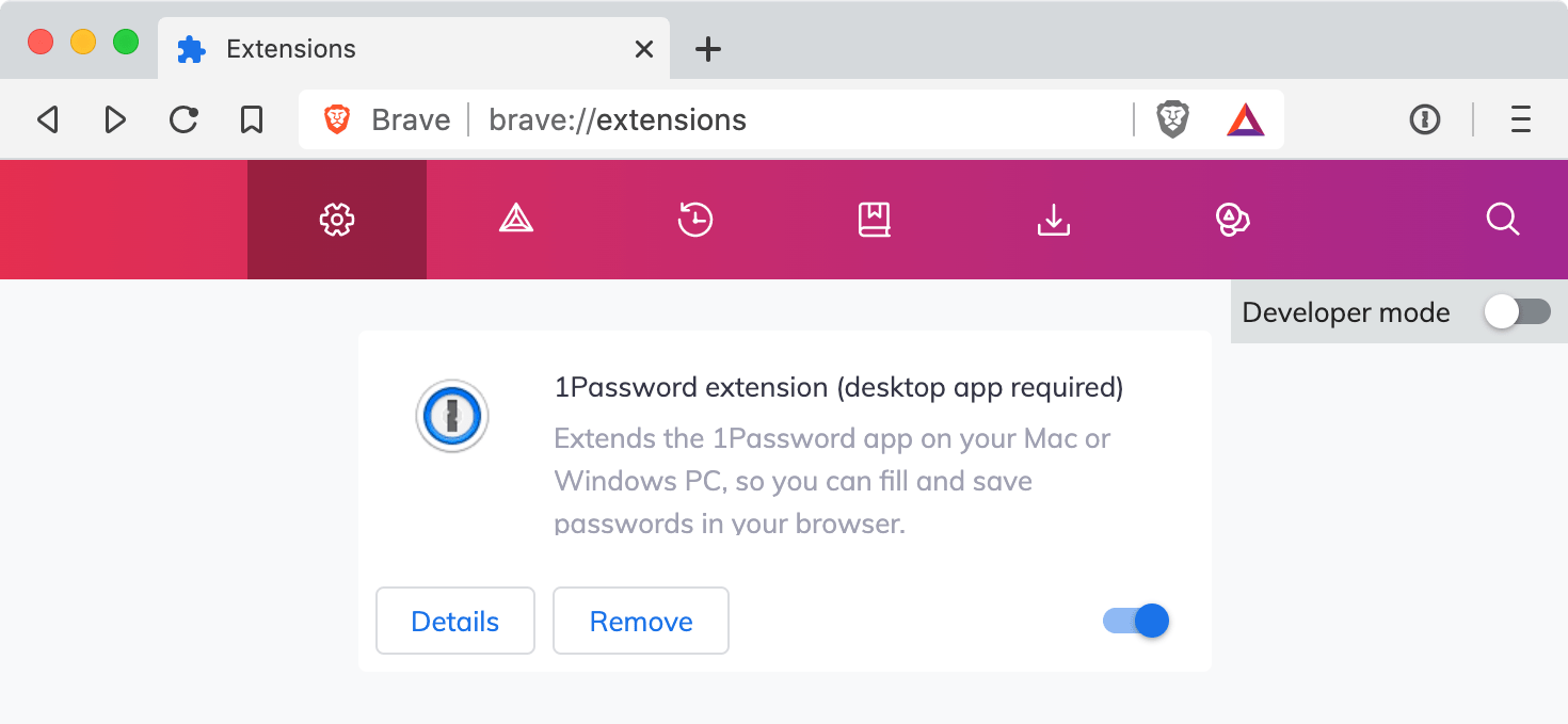 1Password on the Brave Extensions page