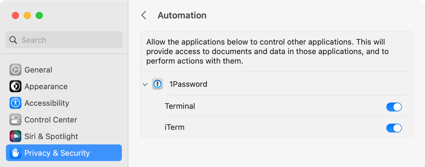 System Settings showing the Automation settings with Terminal and iTerm turned on