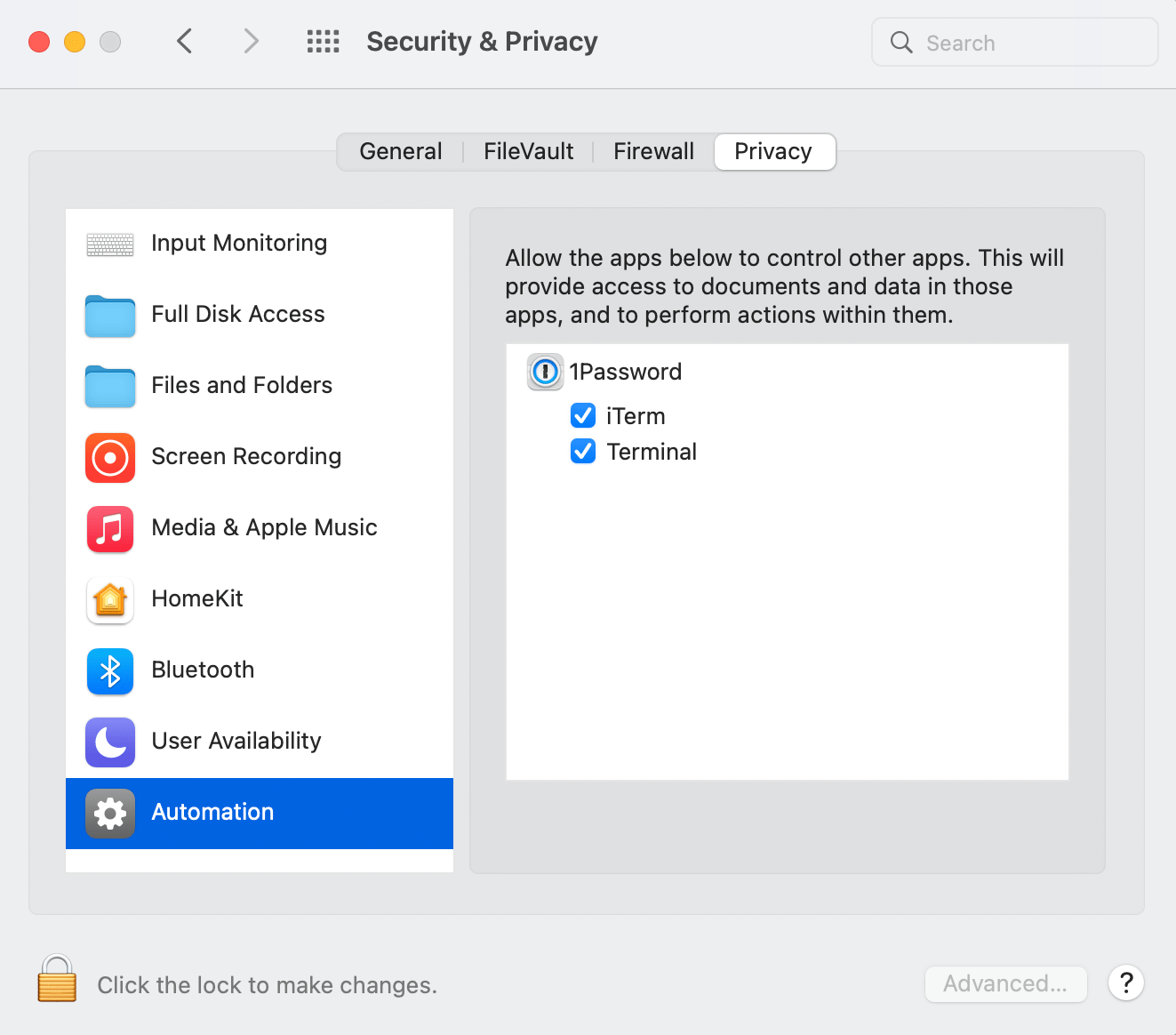 Turn on the Automation preference for 1Password
