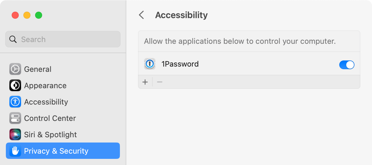System Settings showing the Accessibility settings with 1Password turned on