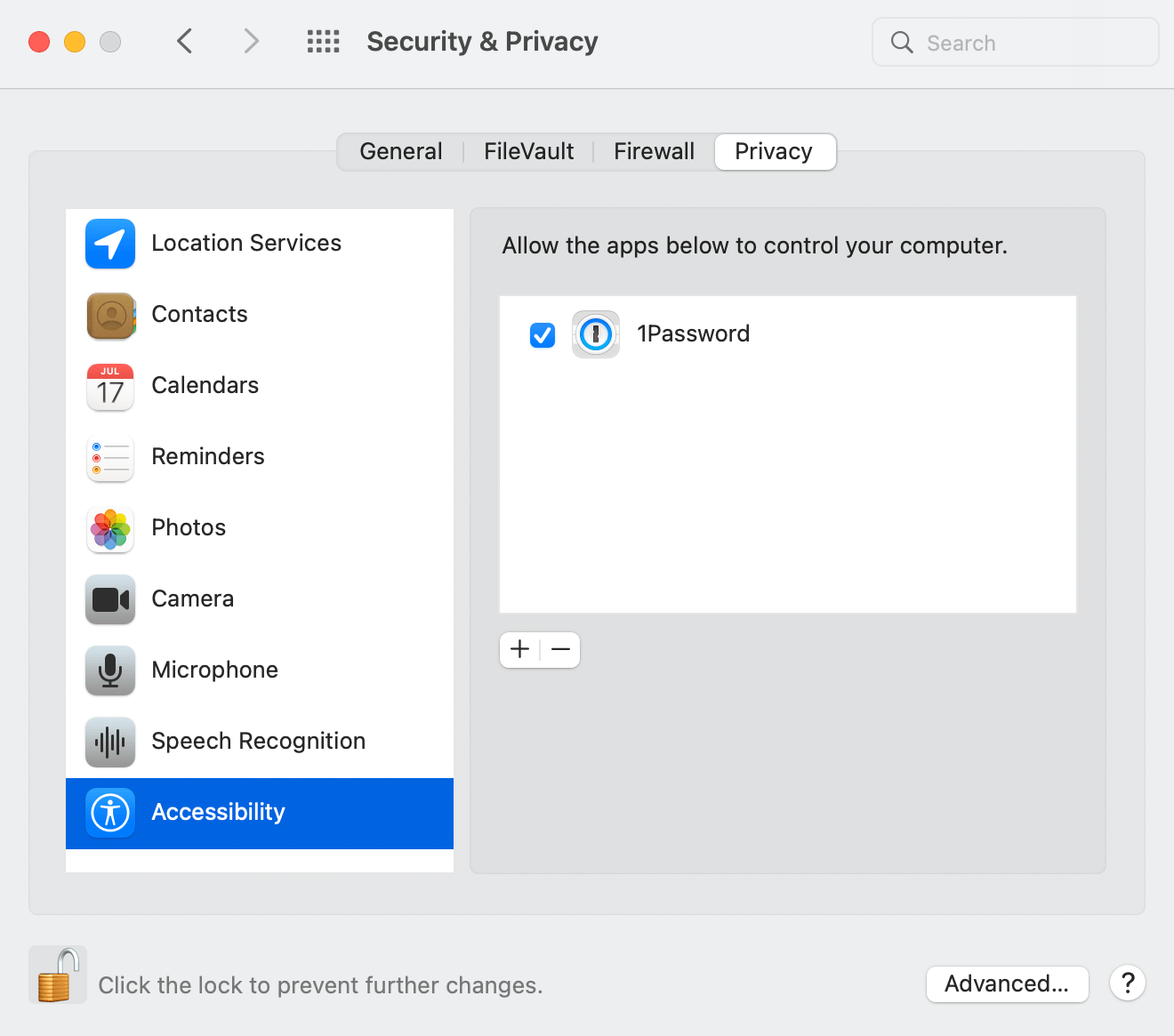 Turn on the Accessibility preference for 1Password