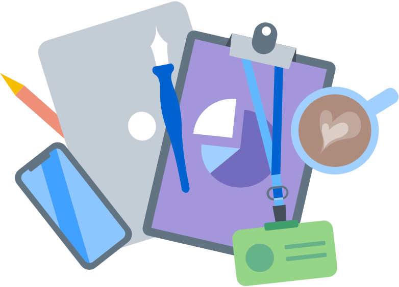 A set of art tools, a clipboard, and a badge