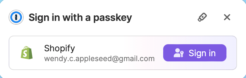 Signing in with a passkey using the 1Password browser extension.