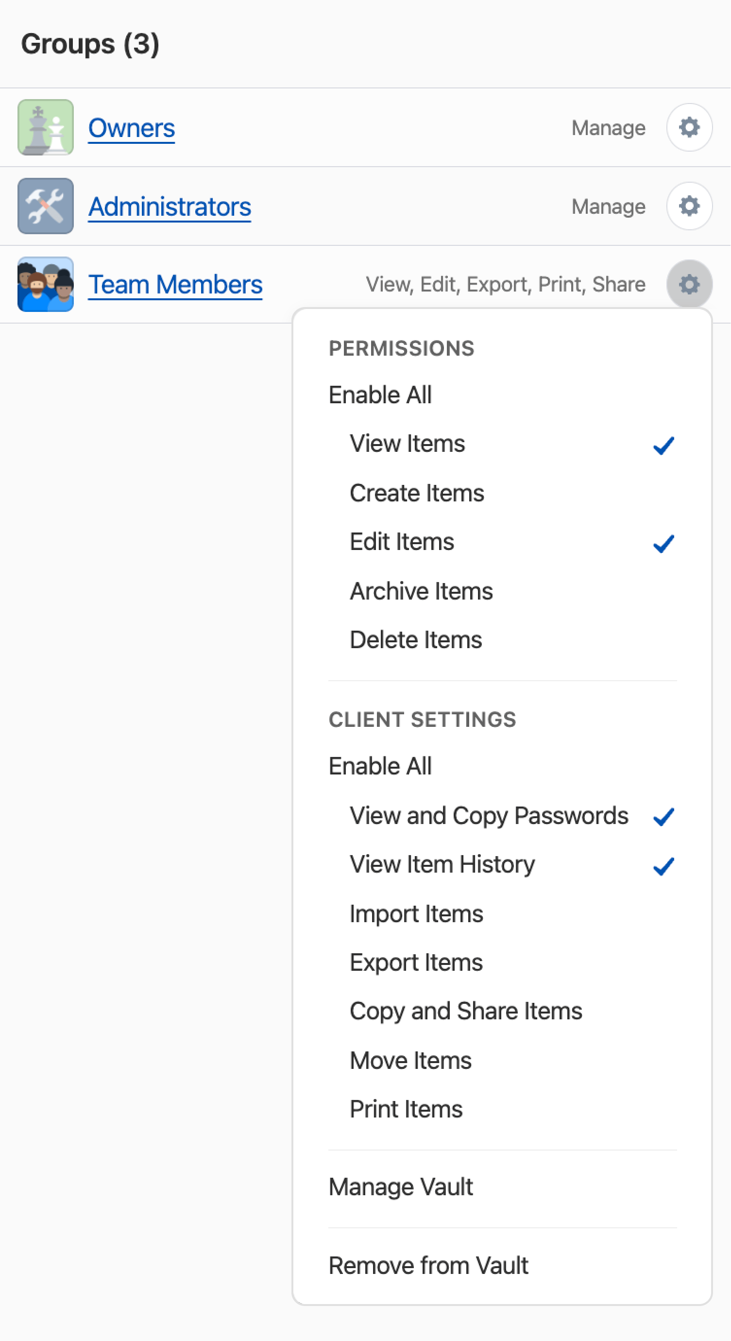 The dropdown menu for a team member's permissions in a vault on 1Password.com