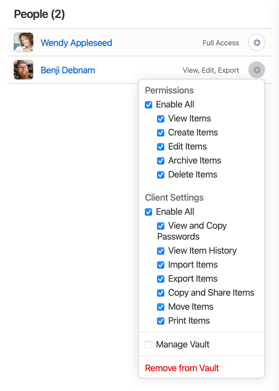 The dropdown menu for a team member's permissions in a vault on 1Password.com