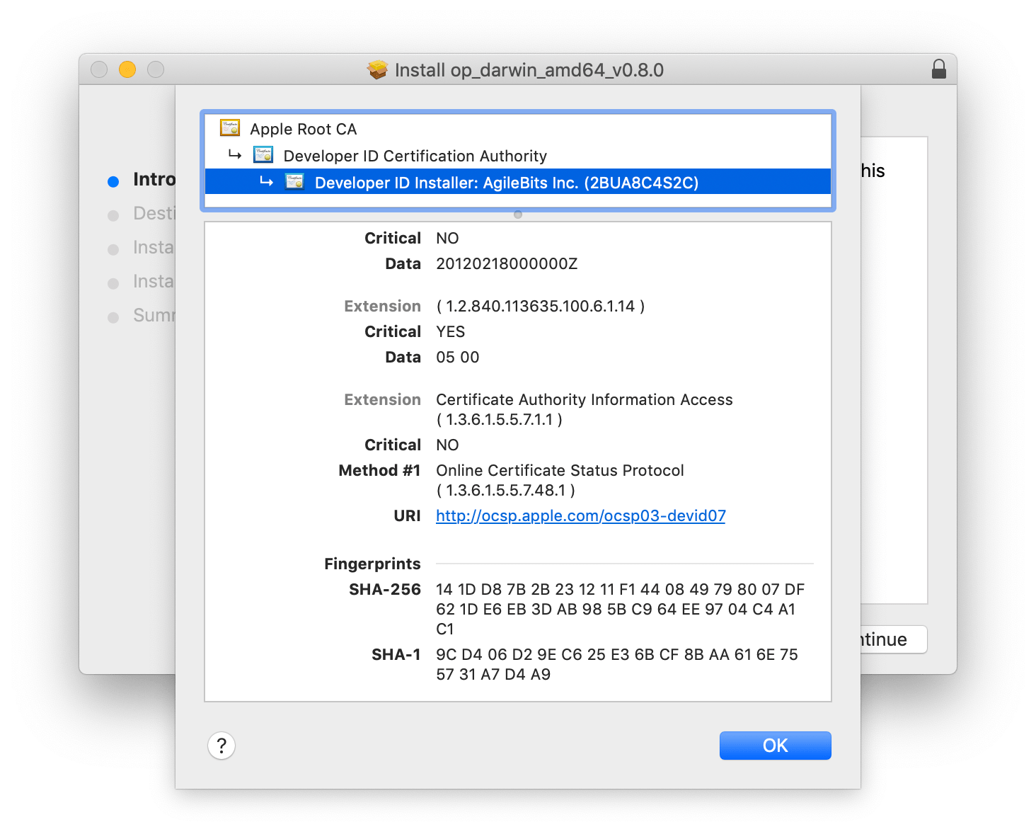 the 1Password command-line tool installer window showing the developer ID and fingerprints