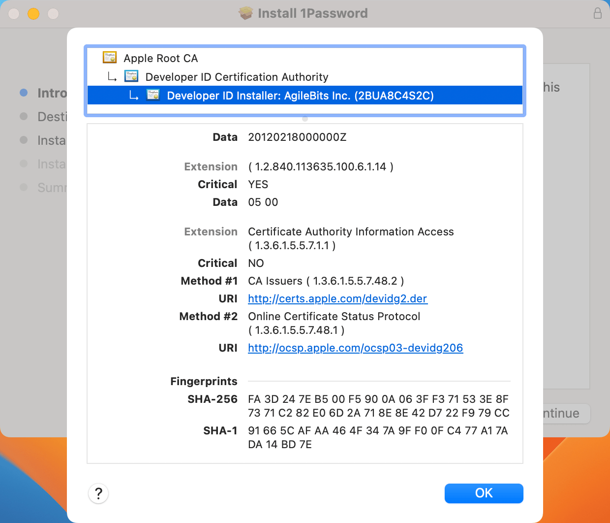 the 1Password installer window showing the developer ID and fingerprints