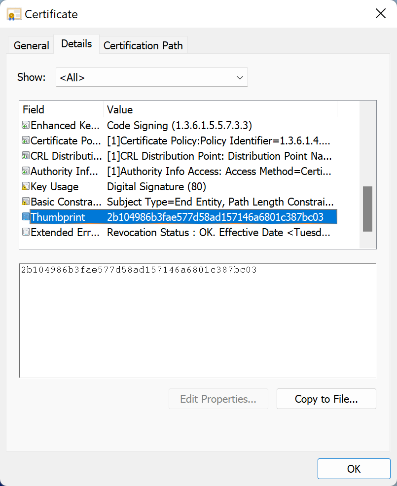 the 1Password setup certificate details showing the thumbprint