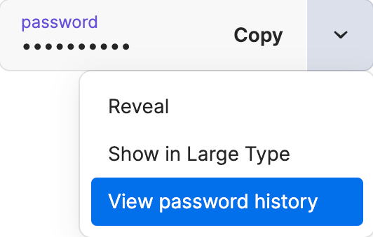 The dropdown menu for a password field with 'View password history' selected in 1Password 8 for Mac