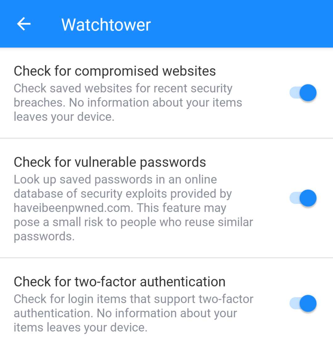 Watchtower settings on Android: Check for compromised websites, vulnerable passwords, and two-factor authentication