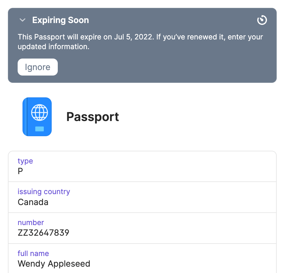 Expiring Passport item