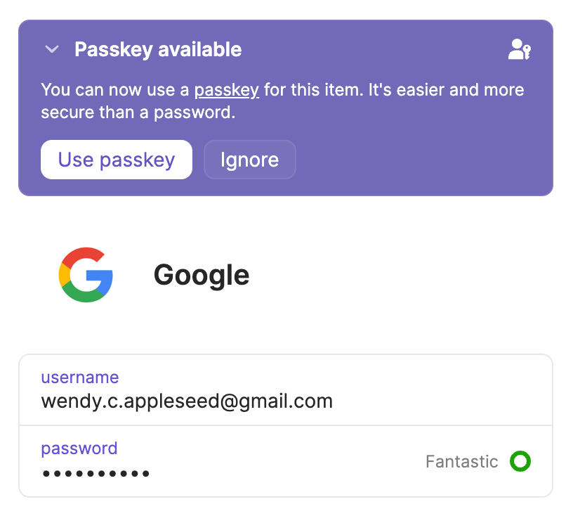 A Watchtower banner that says a passkey is available for a Login item.