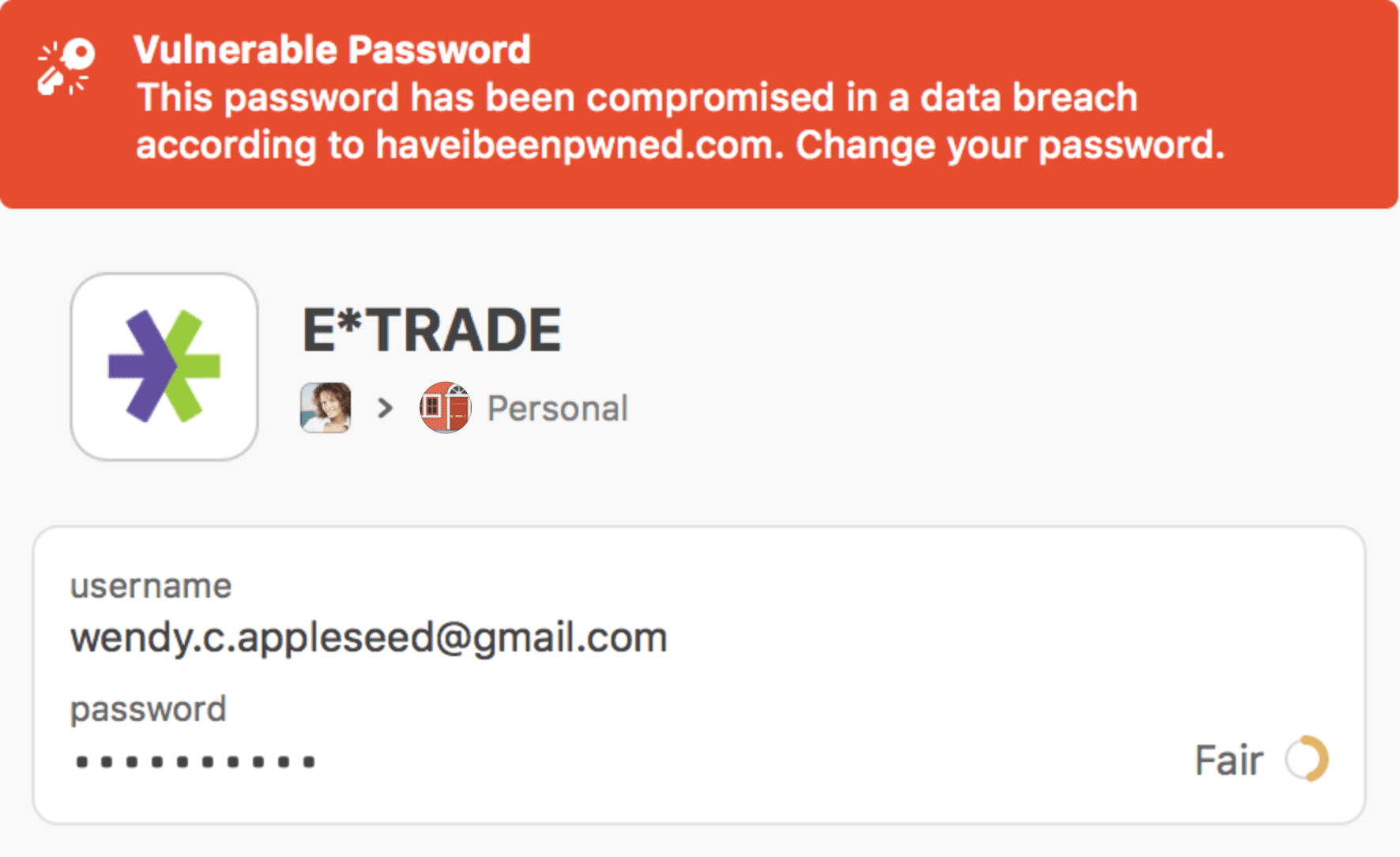 Item with a vulnerable password