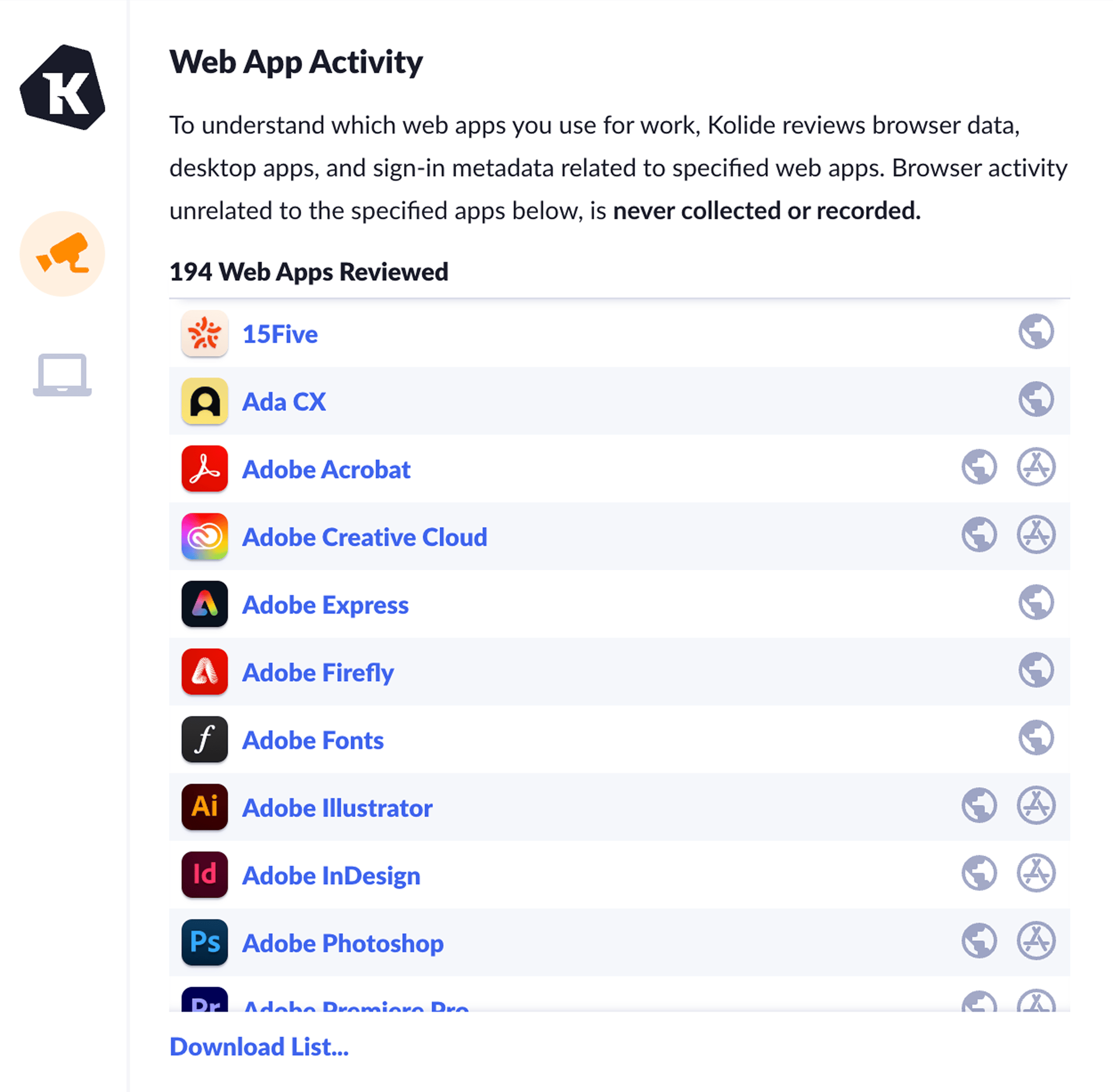 Web App Activity in the Privacy Center of Kolide