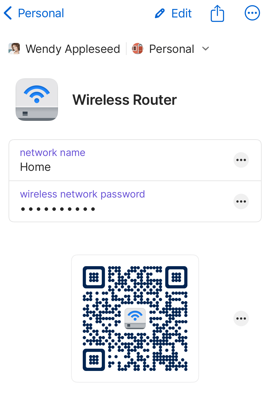 A QR code in a Wireless Router item