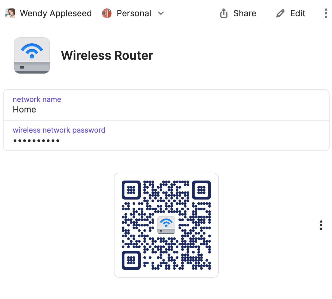 A QR code in a Wireless Router item