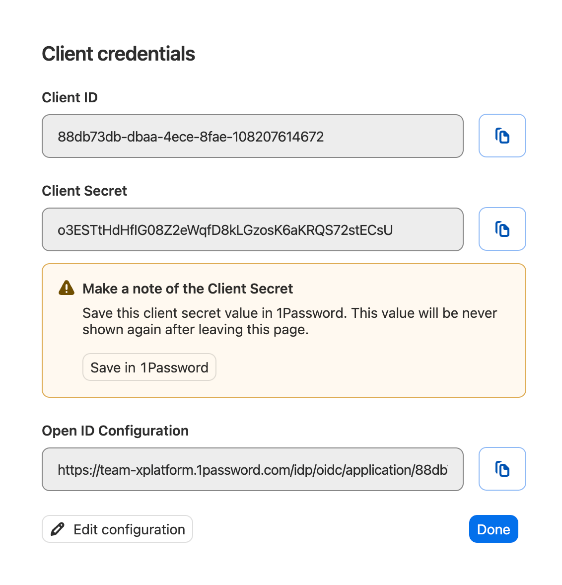 The client credentials screen in the 1Password access gateway setup wizard.